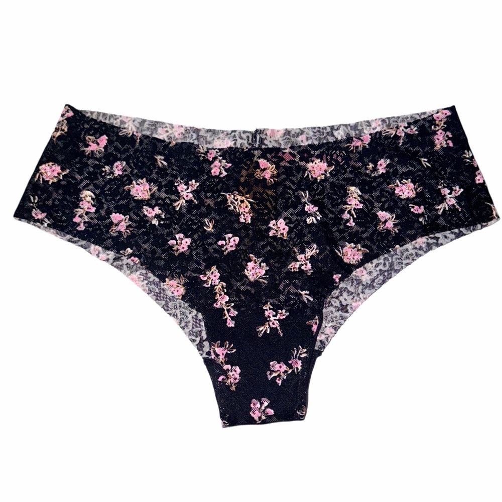 Victoria’s Secret PINK No Show Soft Lace Pink Black Floral Cheekster Panty Large